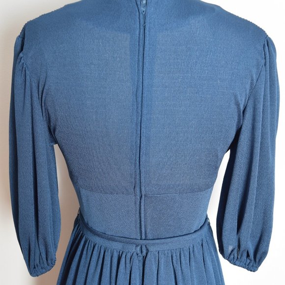vintage 70s dress navy blue disco surplice deep V midi dress S M - Picture 6 of 7